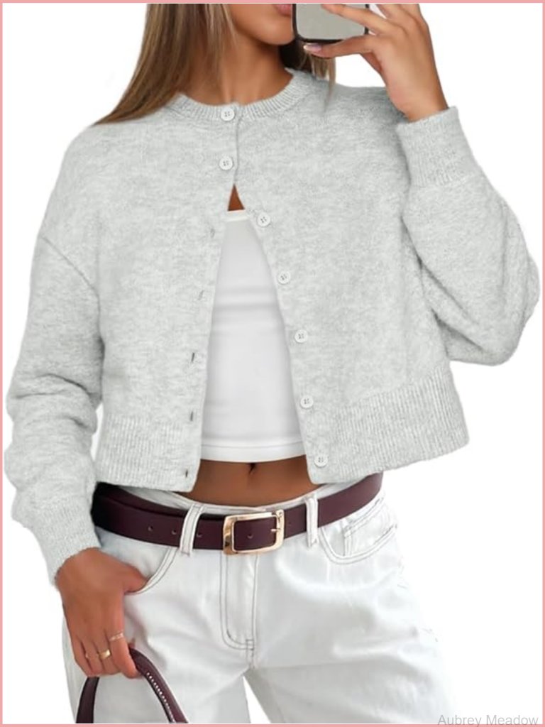 Lightweight Long Sleeve Cropped Cardigan Knit Button Down Sweater